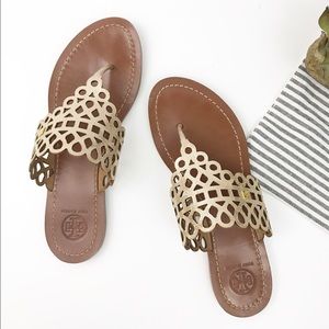 Tory Burch Davy Laser-Cut Thong Metallic Sandal